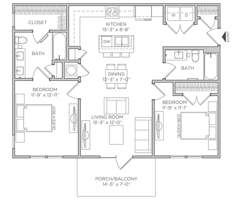 Beech Carriage 2 bed 2 bath Floor Plan at Waterleaf at Neely Ferry Apartments, Simpsonville, SC